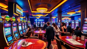 Players enjoying idn slot machines in a luxurious casino setting, vibrant lights and excitement abound.