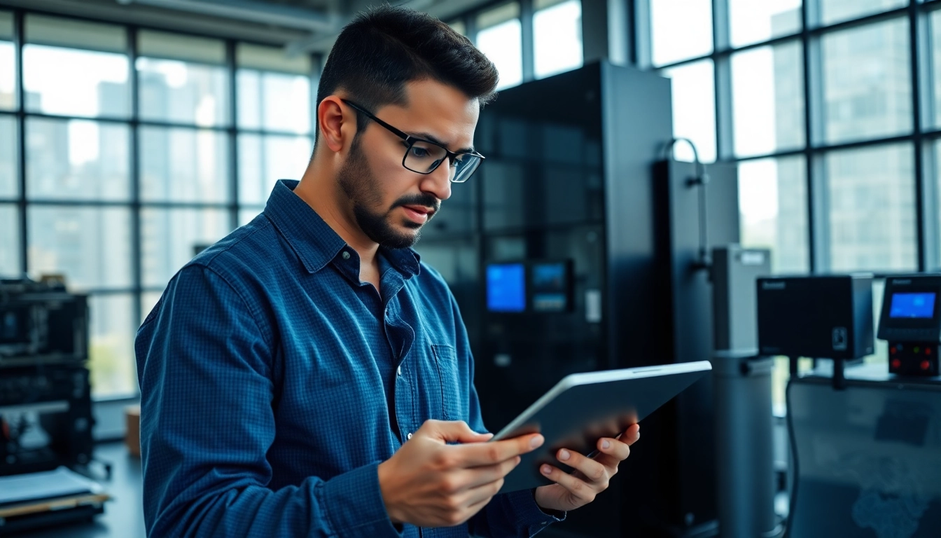 Engineer examining the das 140 system with a tablet in a modern, high-tech office.