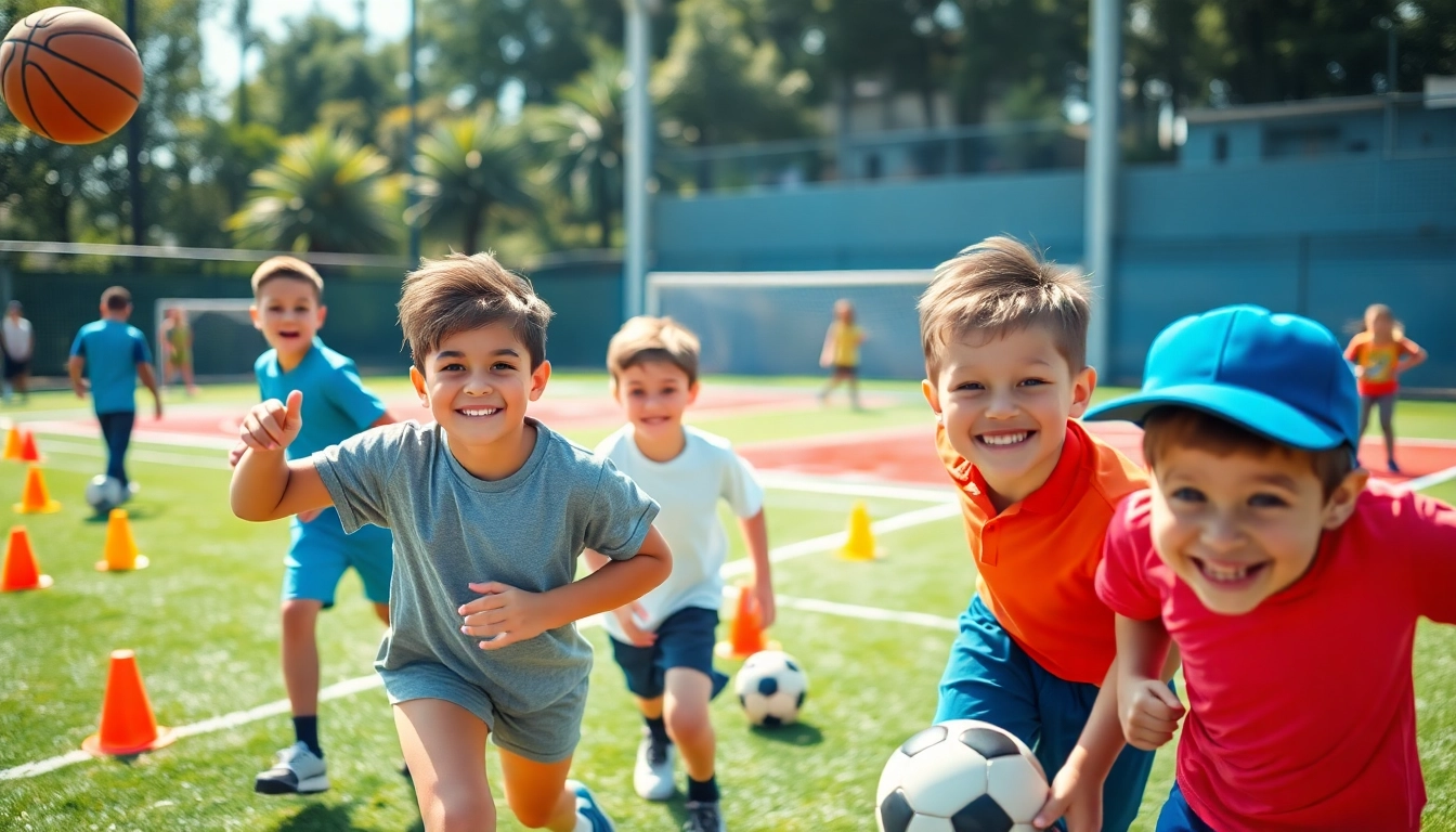 Excited boys enjoy activities at Multi Sports Camps for Boys, showcasing teamwork and athletic skills.