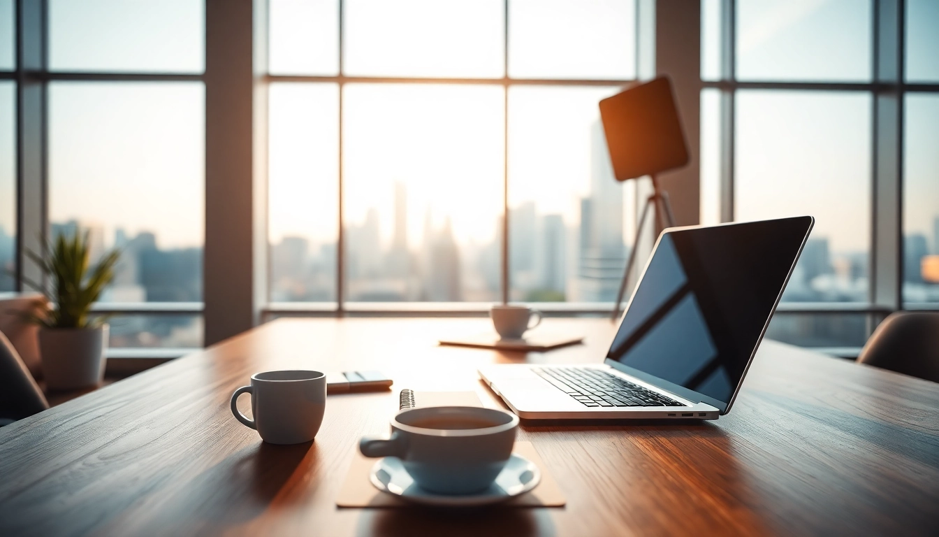 Creating dynamic content at https://www.todayville.com workspace with laptop and skyline view.