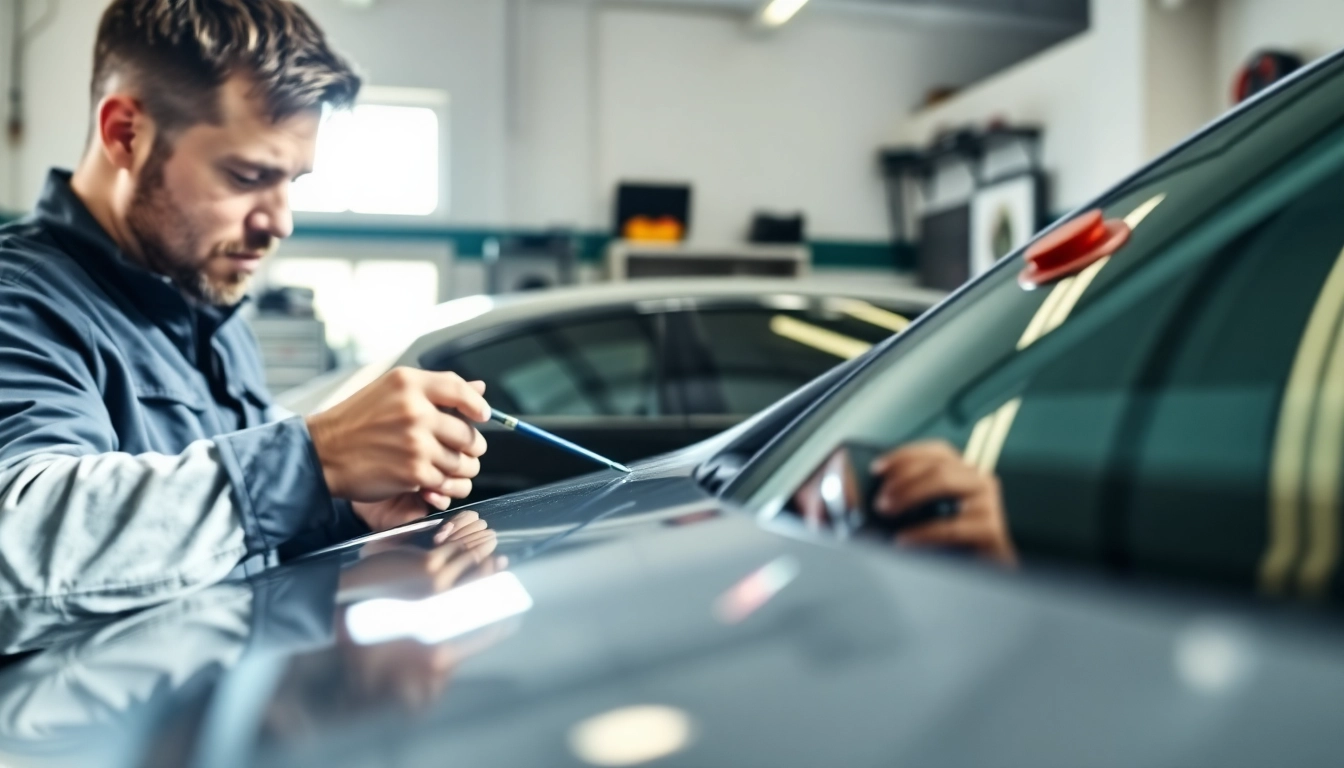 Ceramic coating Chattanooga being applied to a vehicle by a professional technician in a garage.