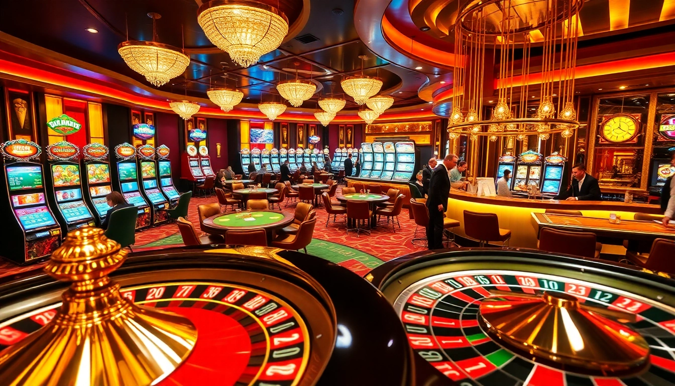 Engaging scene showcasing vibrant casino tables and slot machines with NK88-themed decor.