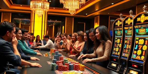 Adegan kasino yang mendebarkan menyoroti Slot Depo 1000 dengan pemain meraih kemenangan besar di mesin slot.