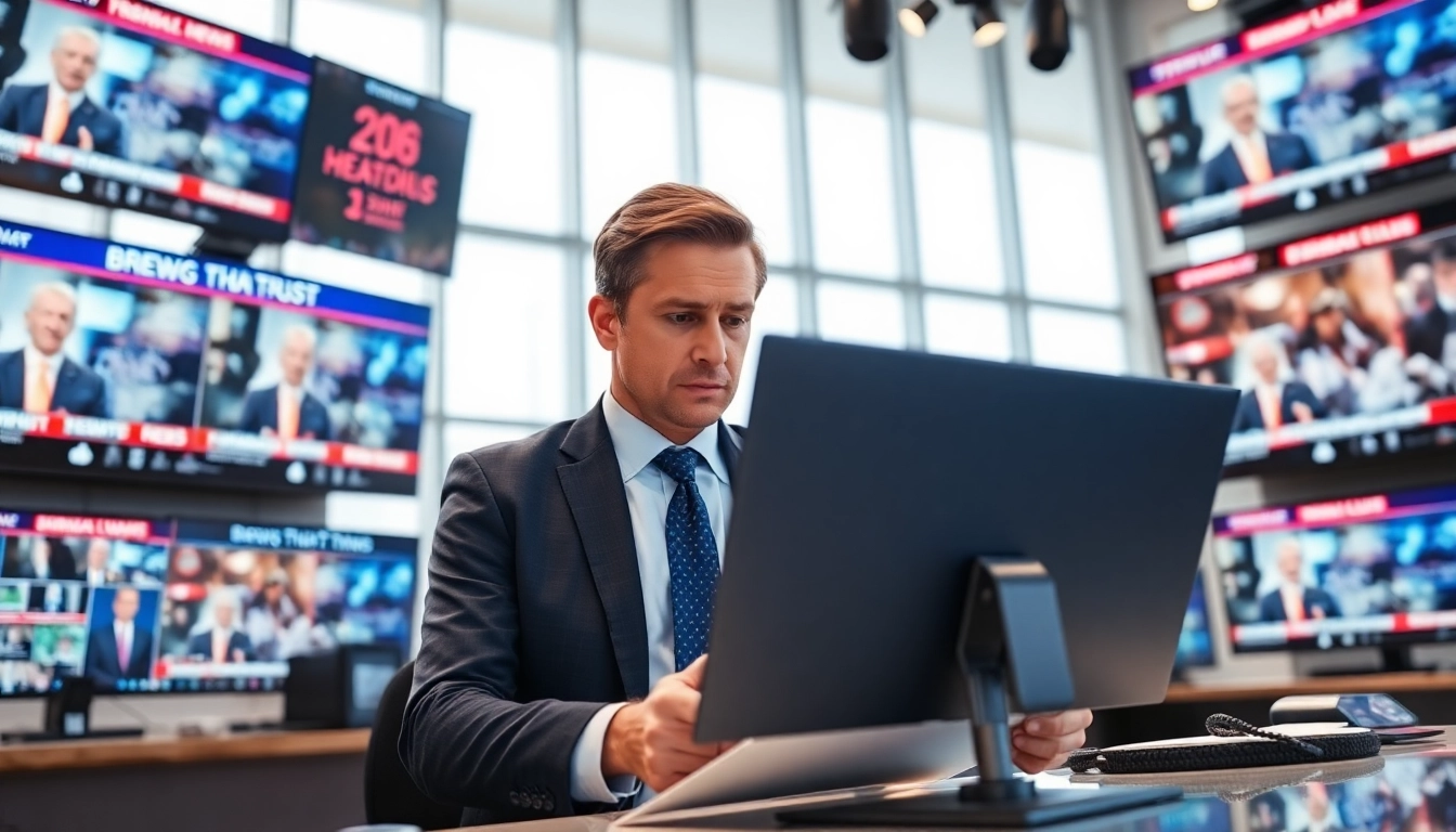 Journalist engaging with gateway pundit news updates in a vibrant, modern newsroom.