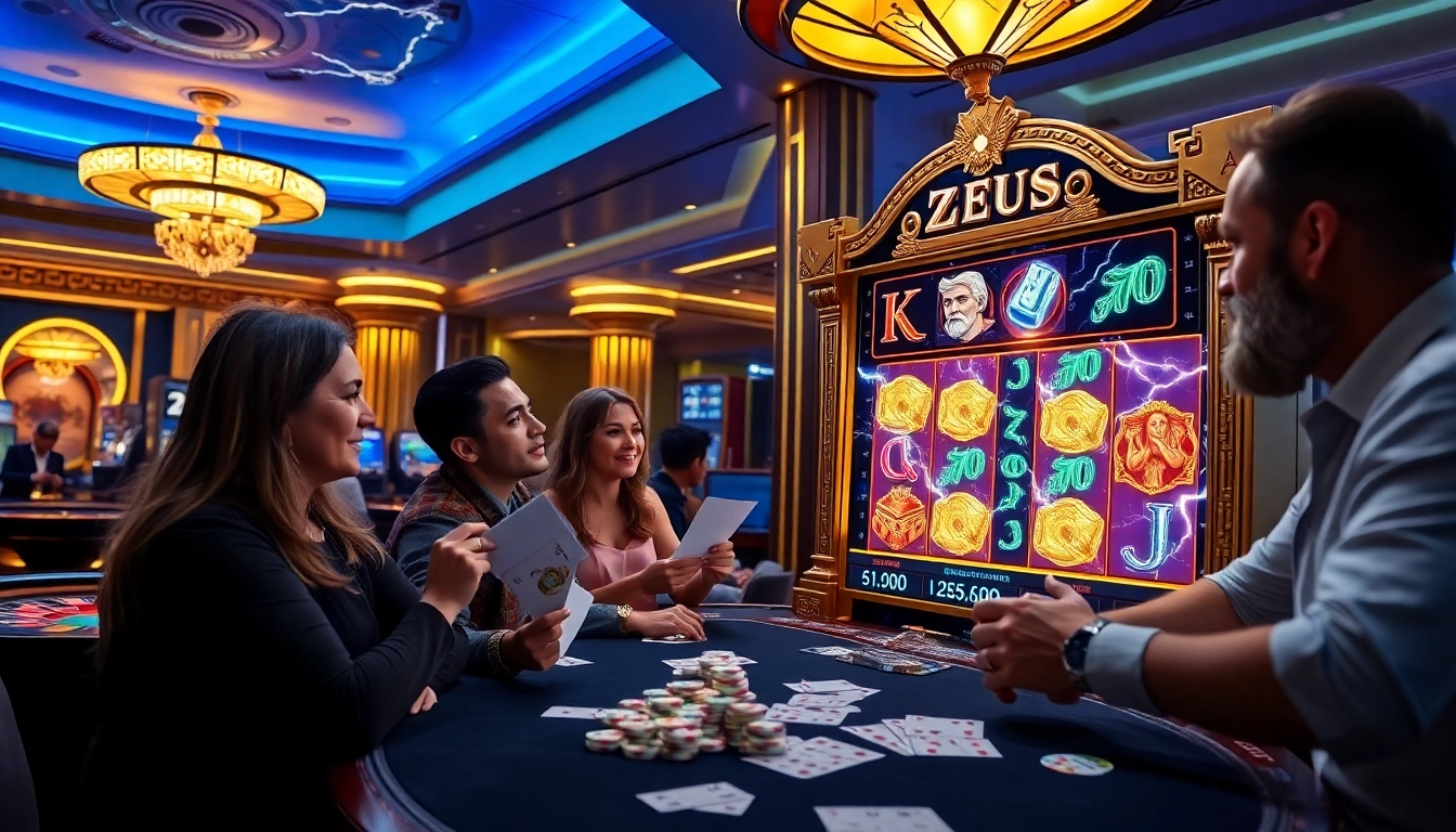 Berinteraksi dengan mesin slot Zeus di kasino mewah, menampilkan tema mitologi yang epik.