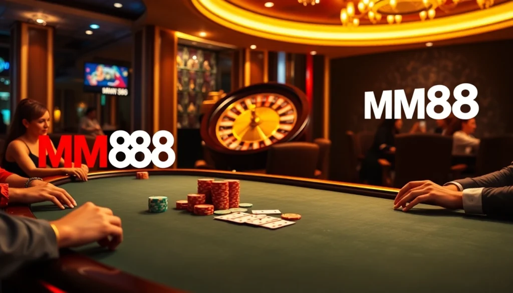 Experience excitement at MM88 casino with players engaging at a luxurious poker table.