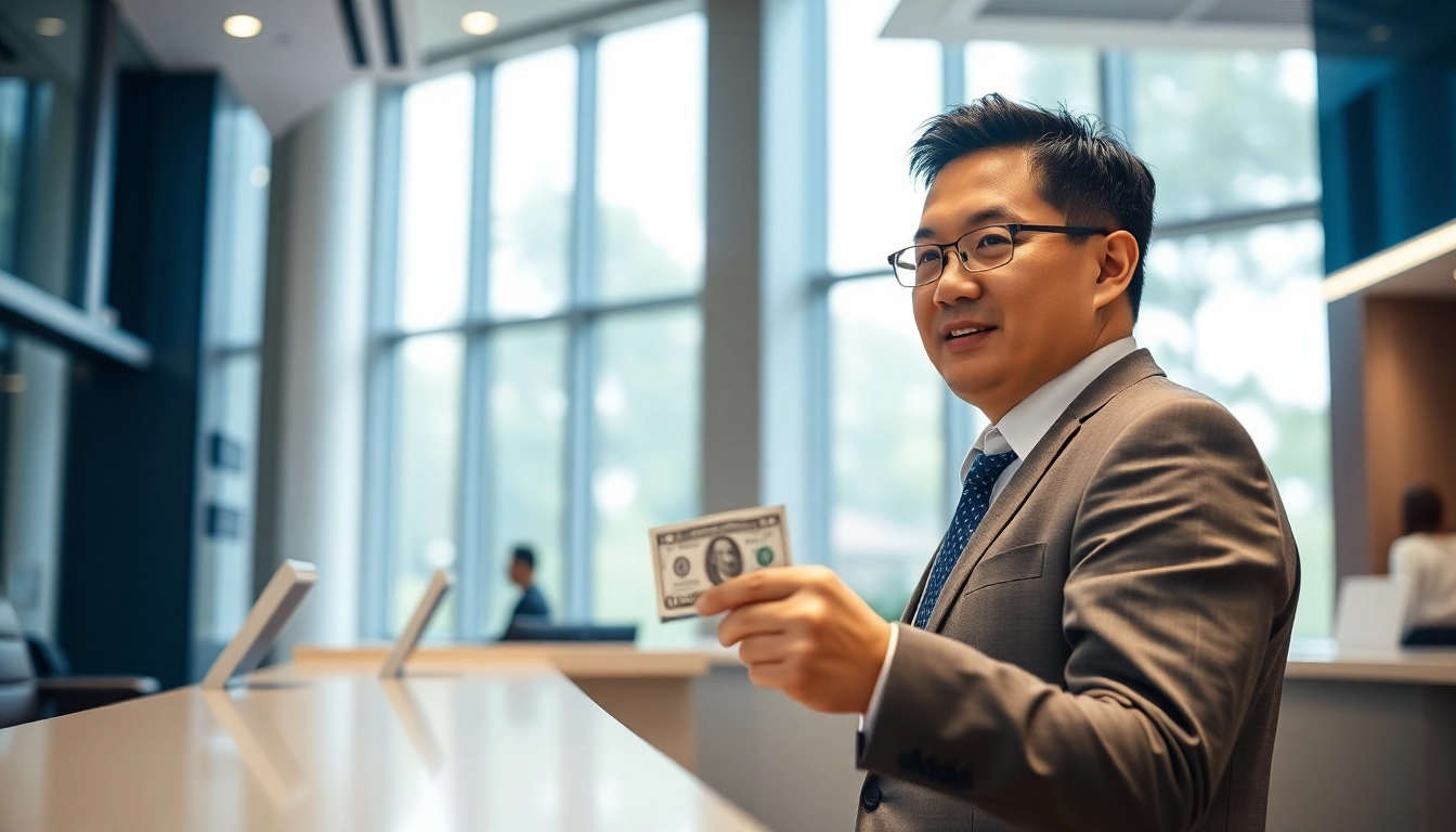 Melakukan deposit 1k tunai di bank dengan seorang pria dewasa, suasana tenang dan profesional.