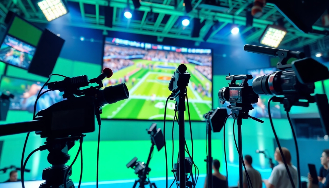 Showcasing a vibrant sports broadcasting studio with live game coverage and advanced technology.