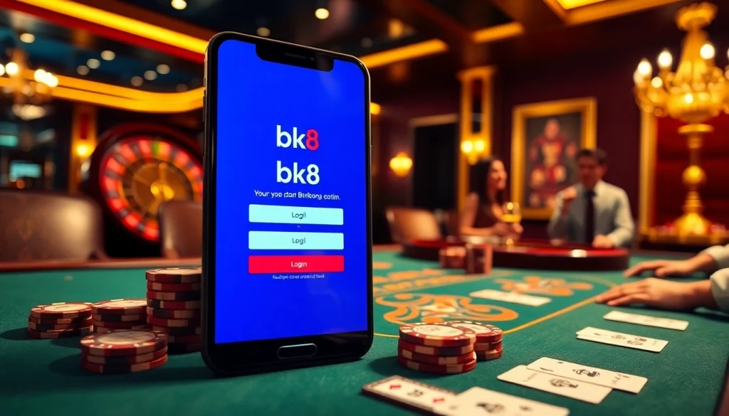 Engage in seamless gambling with bk8 login showcased on a sleek smartphone amidst a luxury casino backdrop.