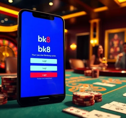 Engage in seamless gambling with bk8 login showcased on a sleek smartphone amidst a luxury casino backdrop.