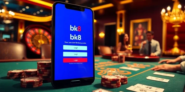 Engage in seamless gambling with bk8 login showcased on a sleek smartphone amidst a luxury casino backdrop.