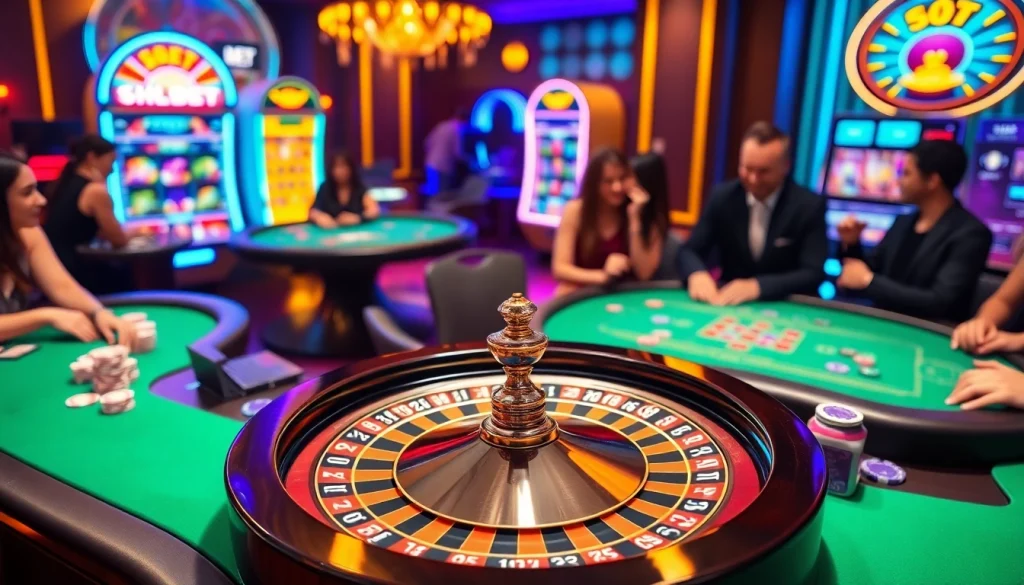 Engaging in high-stakes gambling at SHBET casino, featuring roulette and poker tables.