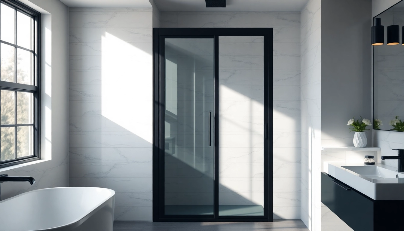 Stylish shower door black frame enhances a modern bathroom design with elegant tiles.