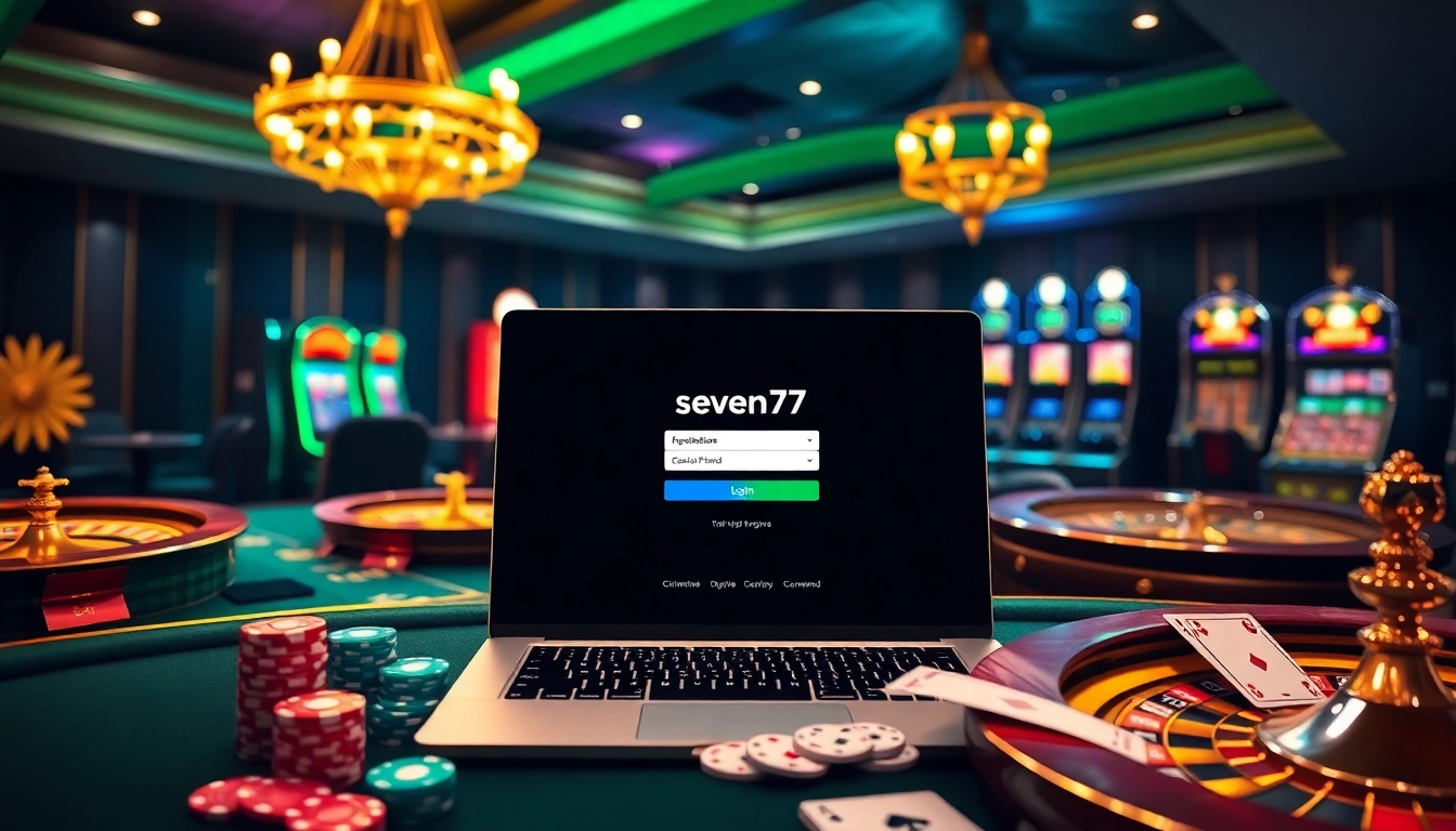 Experience the excitement of login seven77 as chips and cards surround a vibrant casino scene.