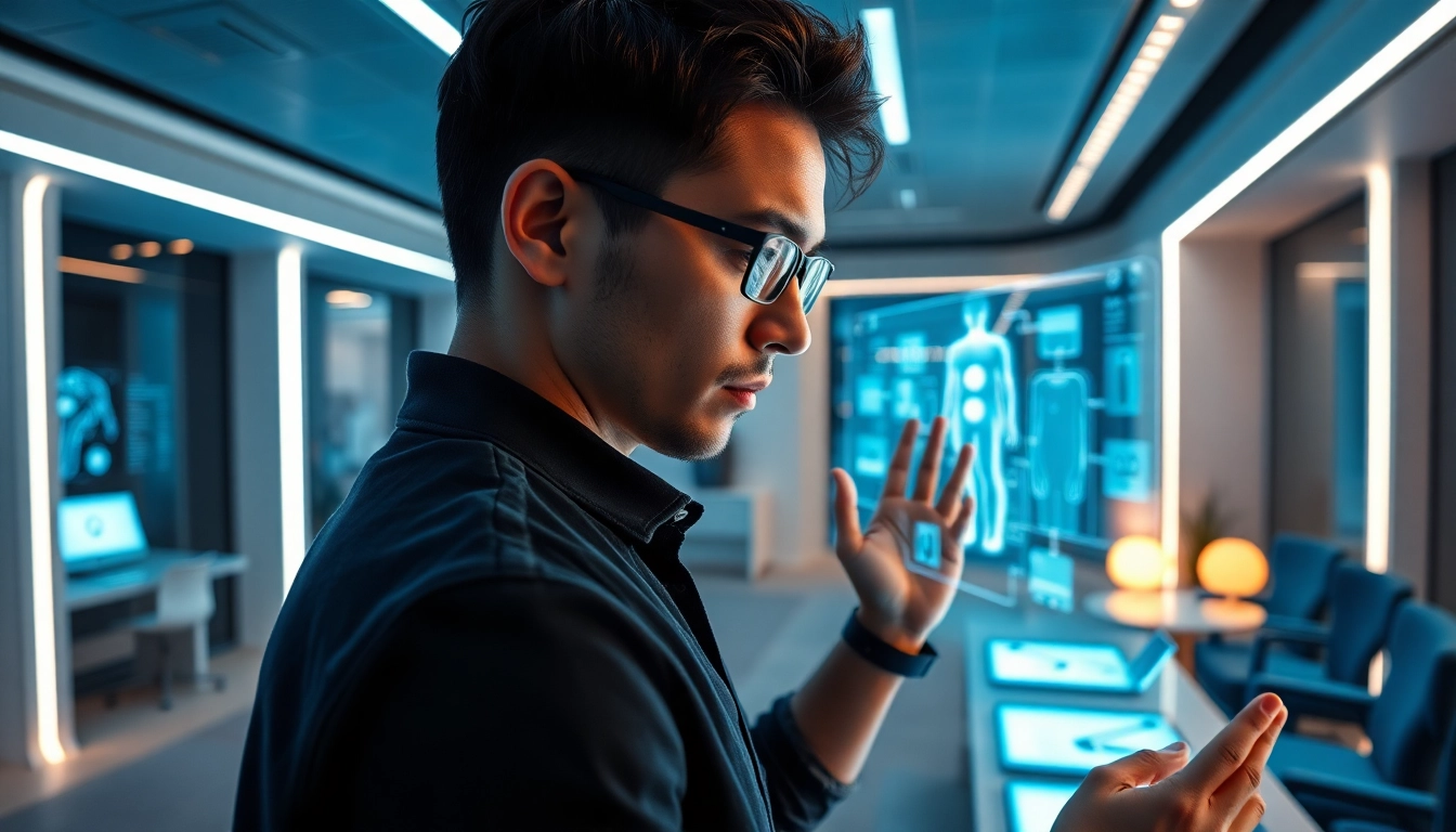 Innovative workspace featuring NSFW AI technology with holographic interface.