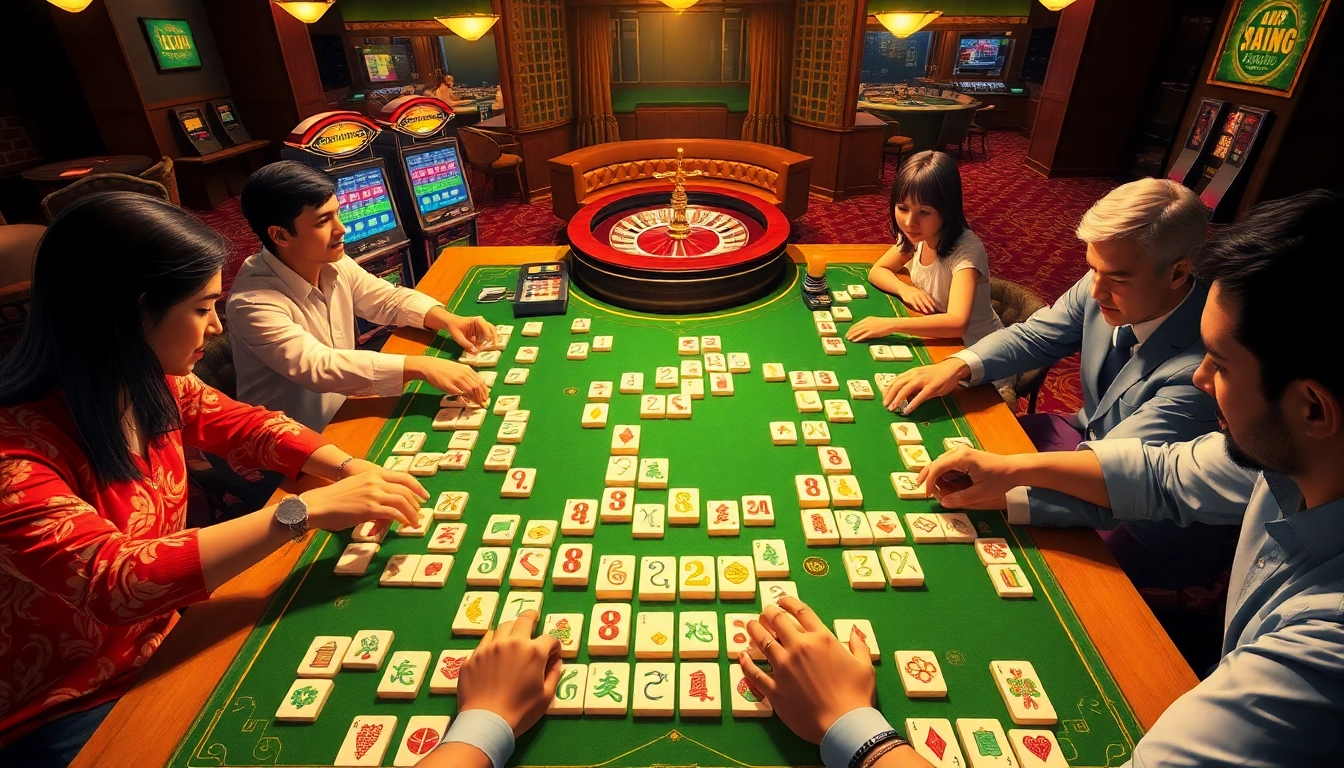 Engaging mahjong gameplay scene highlighting link mahjong excitement in a vibrant casino setting.