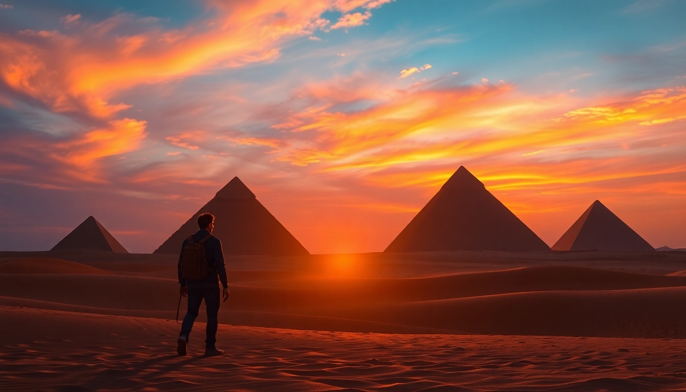 Capture of pyraminds with golden hues under sunset, revealing their majestic structure.