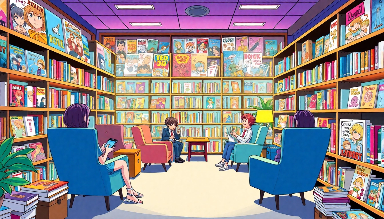 무료웹툰을 즐기는 독자들이 디지털 도서관에서 웹툰을 보고 있는 풍경