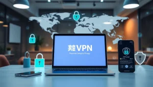 在现代工作区的笔记本电脑上显示的快连VPN界面，象征安全的互联网访问。