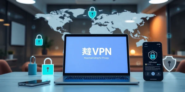 在现代工作区的笔记本电脑上显示的快连VPN界面，象征安全的互联网访问。