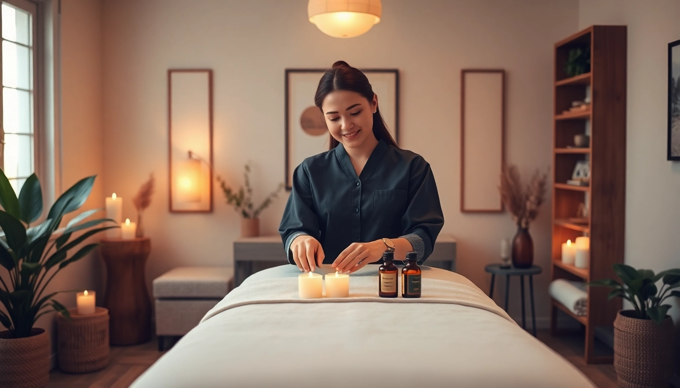 Relaxing 출장 massage scene with a professional therapist preparing oils in a tranquil setting.