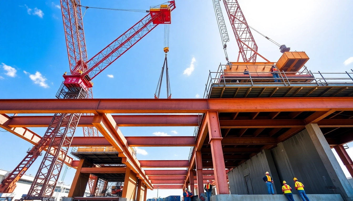 Engaged in structural steel construction, workers meticulously assembling beams at a vibrant site.
