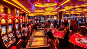 Para pemain menikmati sensasi slot depo pulsa di lantai kasino mewah.