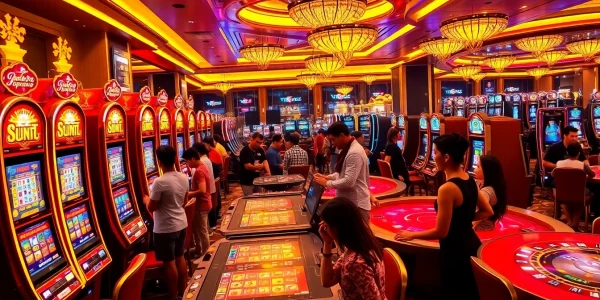 Para pemain menikmati sensasi slot depo pulsa di lantai kasino mewah.