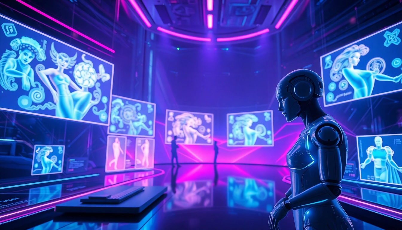 AI NSFW content creation with futuristic digital characters in a glowing interface.