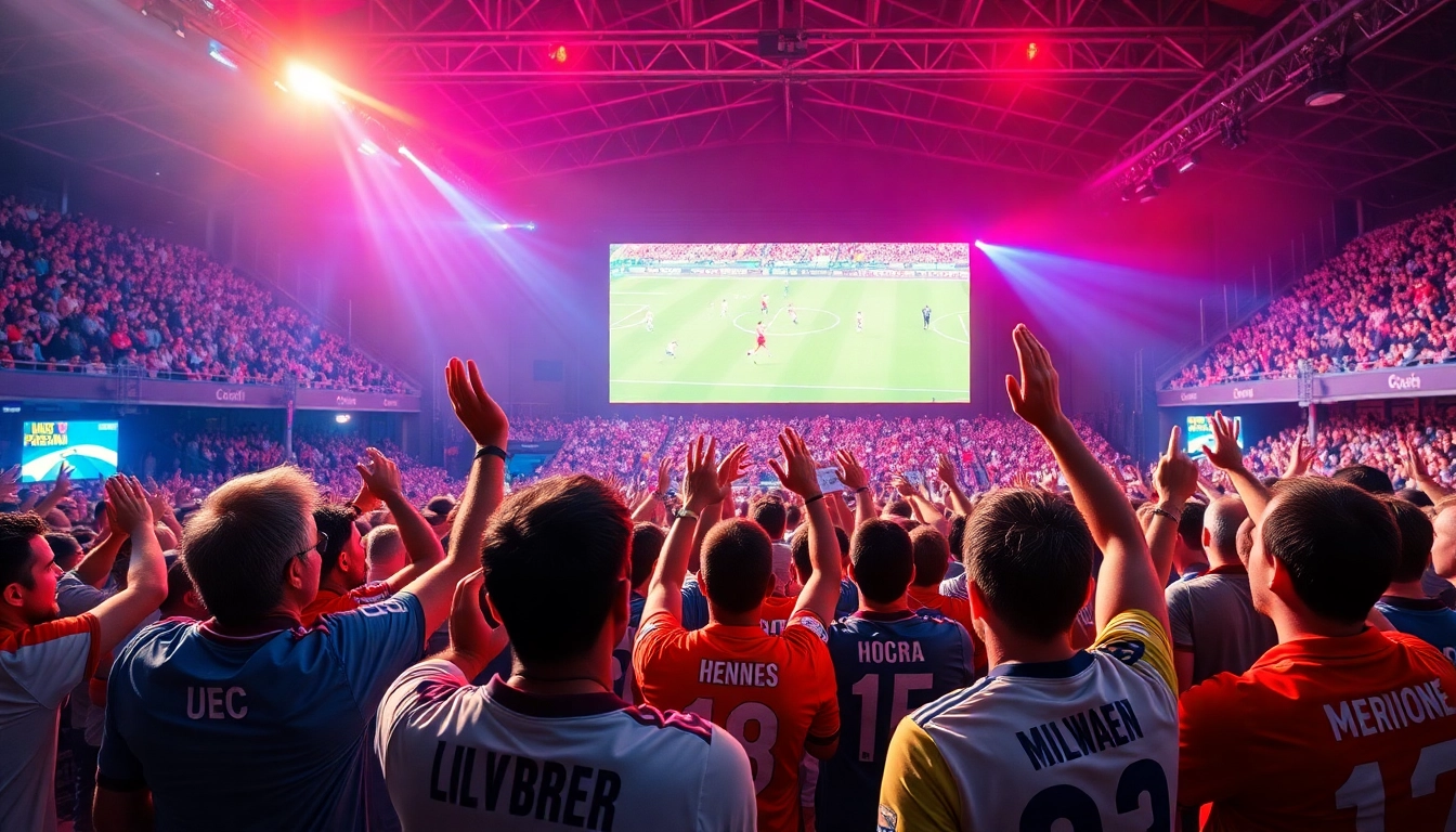 مشجعون متحمسون أثناء مشاهدة مباراة مباشرة، يروّجون لتجارب كوورة تي في الرياضية المثيرة.