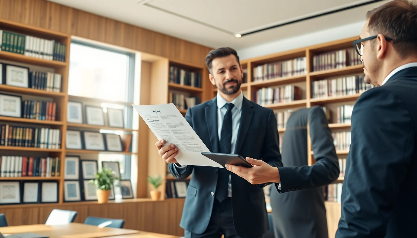 Intellectual property lawyer advising a client in a professional office setting.