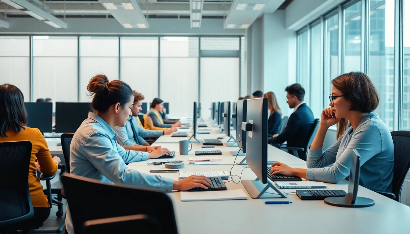 Typing center showcasing professionals engaged in diverse typing tasks in a modern office.