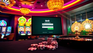 Players engaging with the bk8 login interface in a vibrant casino setting, highlighting excitement and luxury.