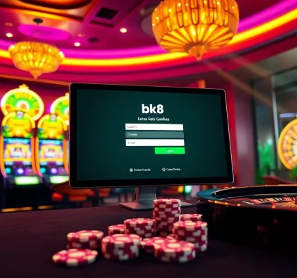 Players engaging with the bk8 login interface in a vibrant casino setting, highlighting excitement and luxury.