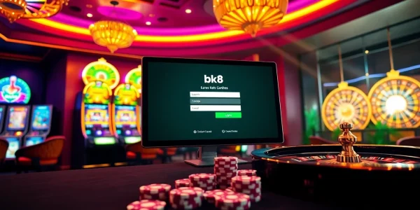 Players engaging with the bk8 login interface in a vibrant casino setting, highlighting excitement and luxury.