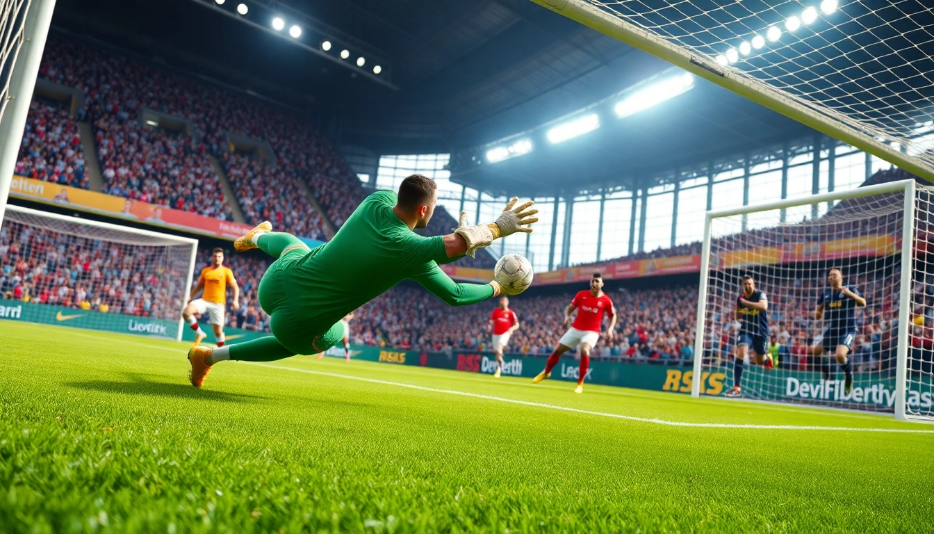 ป้องกันประตูในการแข่งขันฟุตบอลที่มีความเข้มข้น ผลบอลภาษาไทย เต็มไปด้วยความตื่นเต้นและพลัง