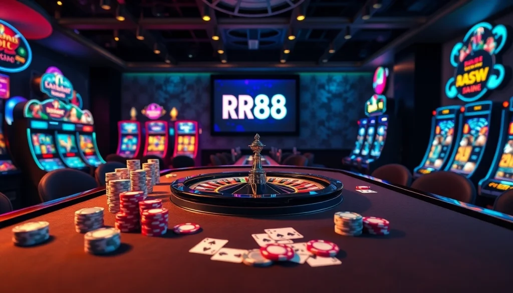 Experience the elegance of RR88 gaming with a vibrant casino scene showcasing poker and roulette.