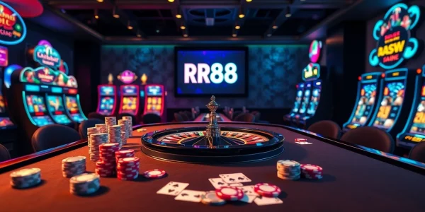 Experience the elegance of RR88 gaming with a vibrant casino scene showcasing poker and roulette.
