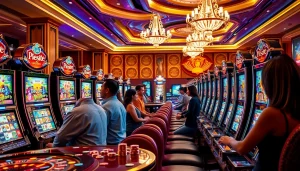 Para pemain menikmati mesin Slot Depo Pulsa dalam suasana kasino yang mendebarkan.