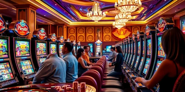 Para pemain menikmati mesin Slot Depo Pulsa dalam suasana kasino yang mendebarkan.