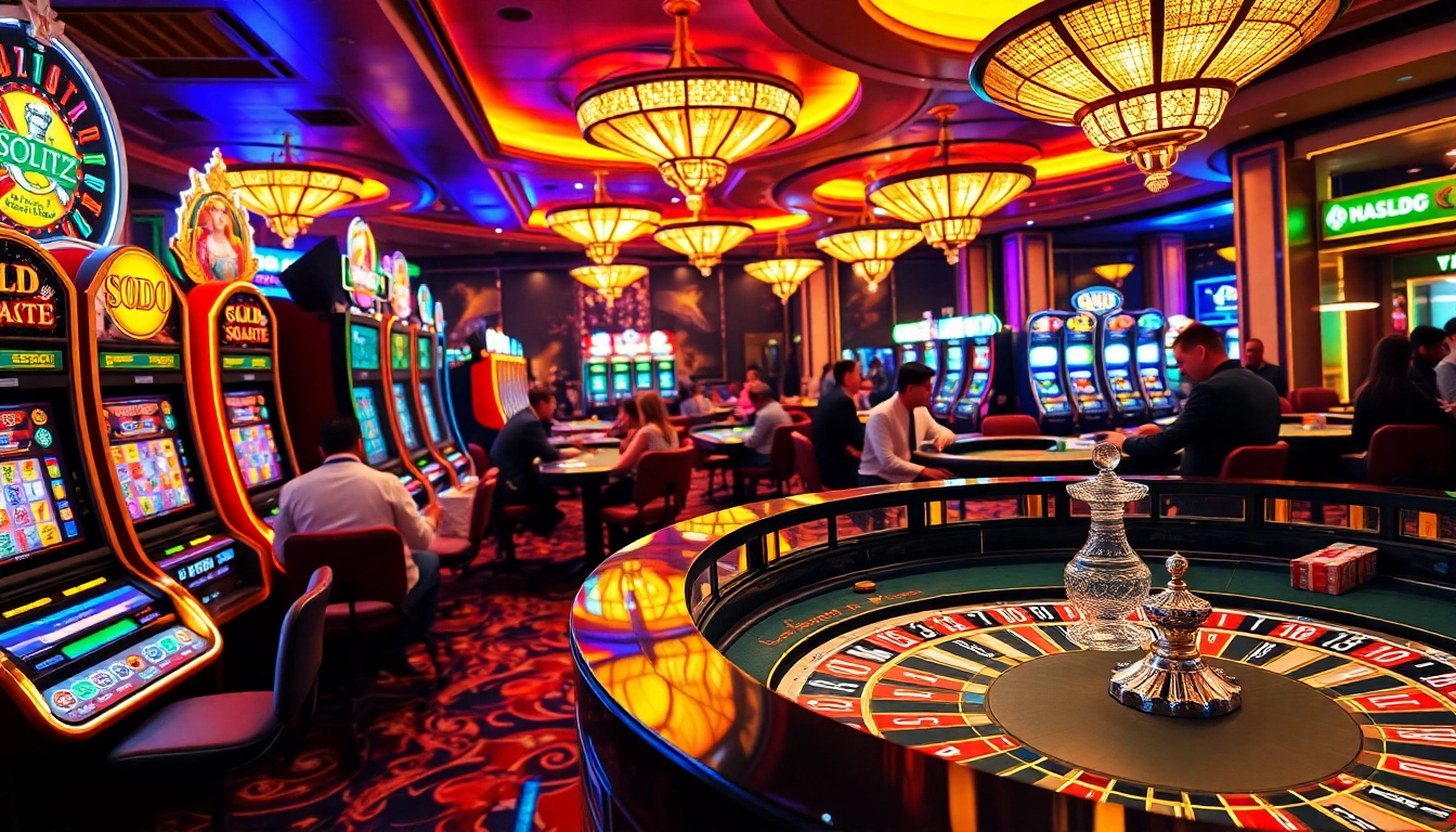 SODO Casino gambling scene with vibrant slots, poker tables, and an electrifying atmosphere.