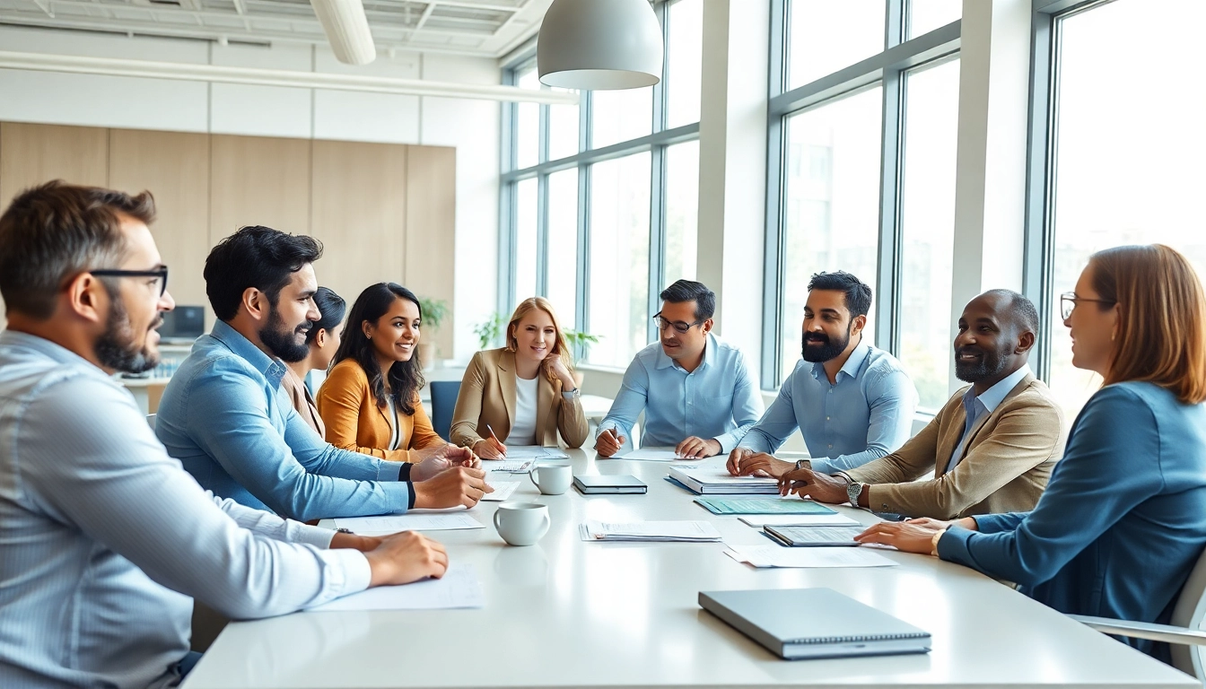 Engage with business growth insights through a dynamic team meeting in a bright, professional setting.