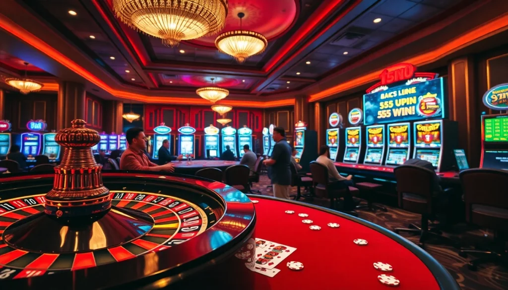 Experience the excitement of 555 win as players engage at the casino tables filled with vibrant games.