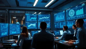 Cybersecurity AI workspace with professionals analyzing data and algorithms in a modern office setting.