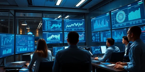 Cybersecurity AI workspace with professionals analyzing data and algorithms in a modern office setting.