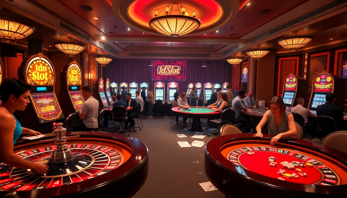 Experience thrilling idn slot action with vibrant casino tables, roulette wheels, and eager gamblers.