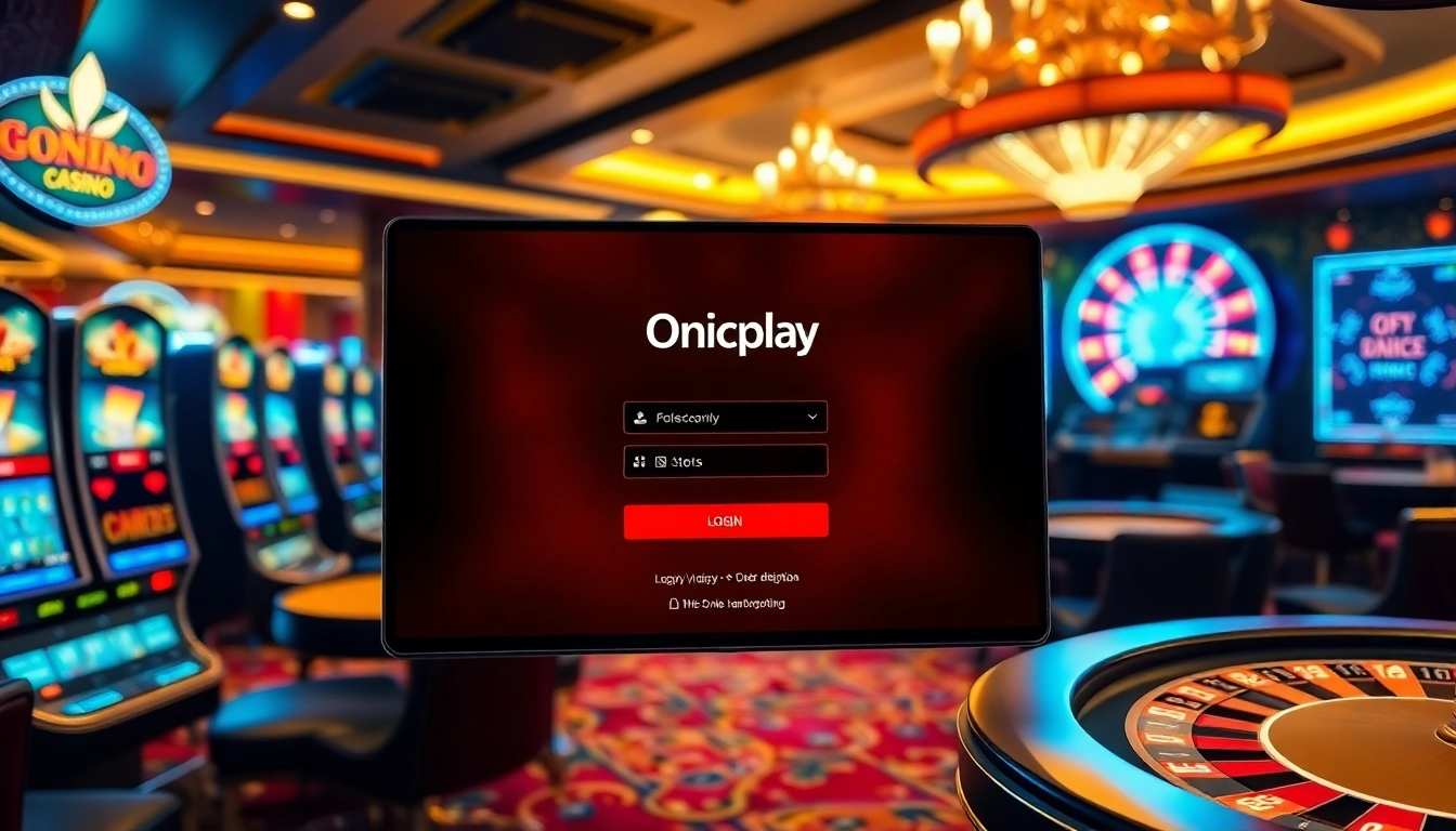 Experience Onicplay login amid thrilling slot machines and elegant casino elements.