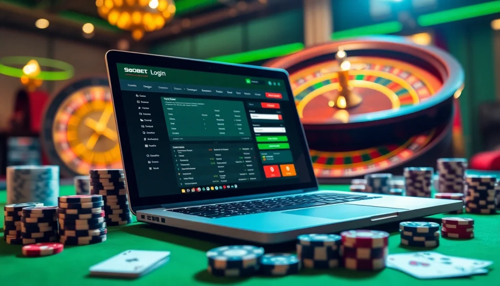 Engage with sbobet login at a luxurious online casino, featuring poker chips, a roulette wheel, and dynamic betting interface.