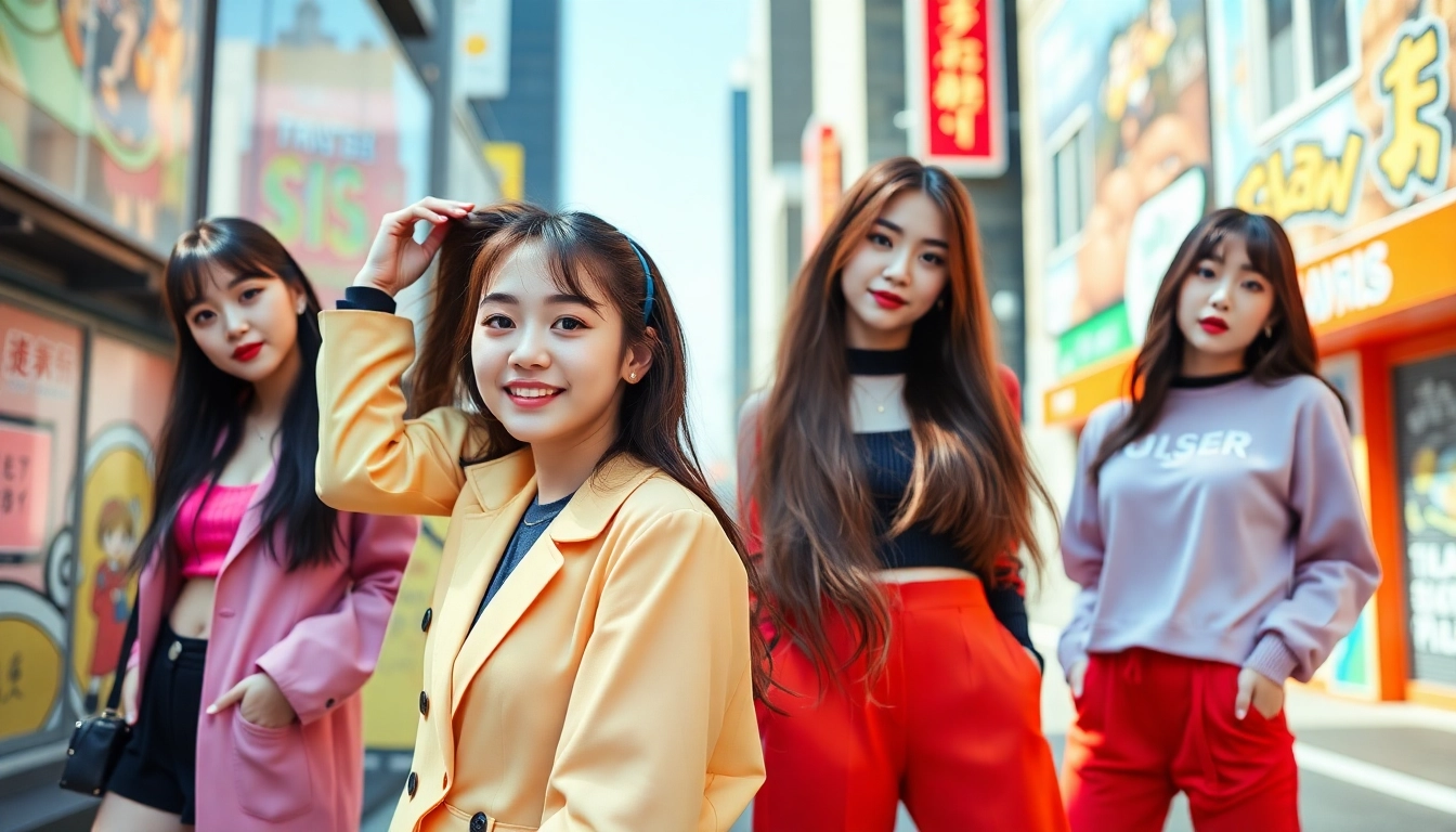 Blackpink members Jisoo, Jennie, Rosé, and Lisa smiling in trendy urban attire.