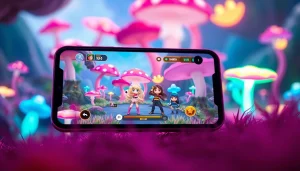 Mobile porn game interface on a smartphone in a vibrant fantasy world